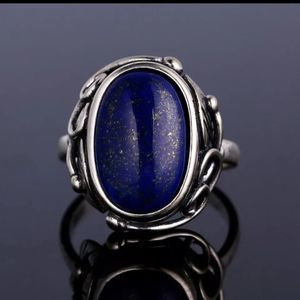Sterling Silver 925 genuine large natural lapis Lazuli boho vintage ring 8